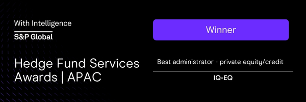 IQ-EQ winner logo for "Best administrator - private equity/credit" in 2026 APAC Hedge Fund Services Awards