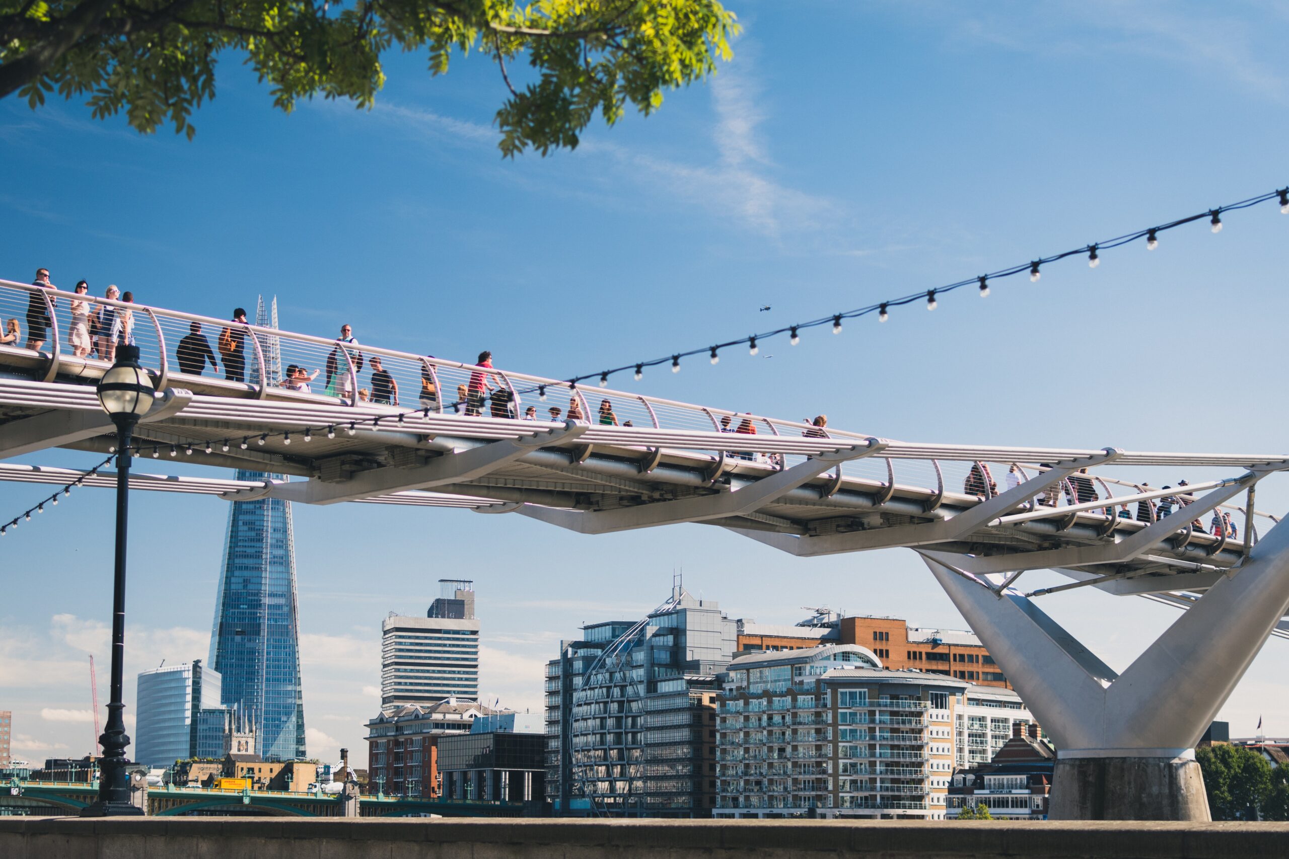 People crossing bridge in London