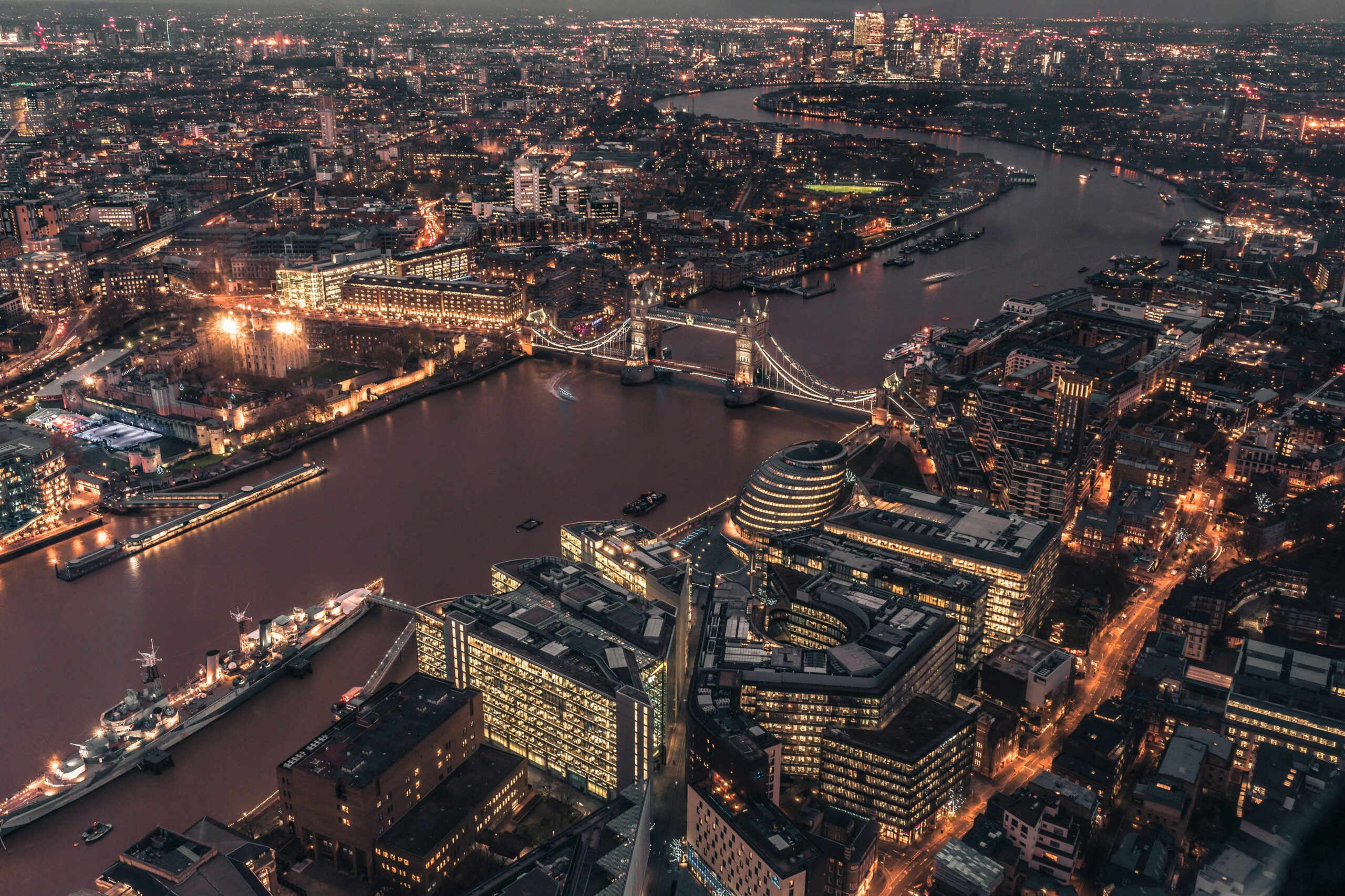 Aerial view of London at night